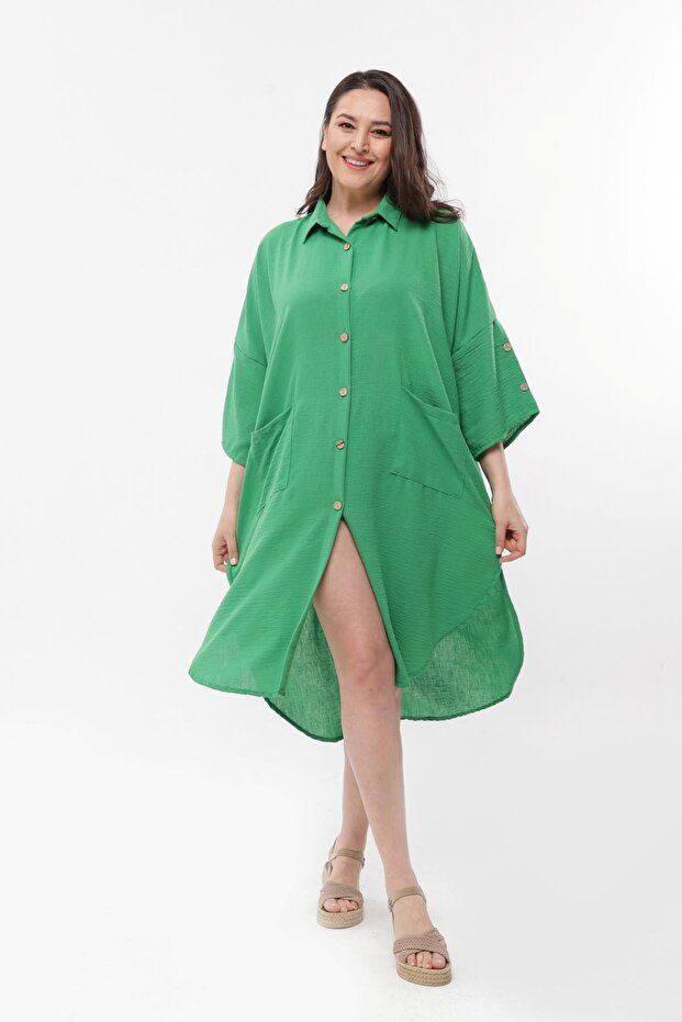 Women's Plus Size Shirt Collar Linen Look Green Dress