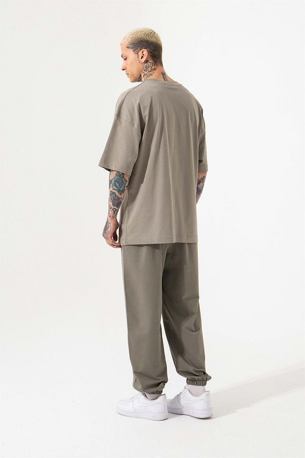 Erkek Basic Oversize Süprem Pamuklu Haki Tişört - 4
