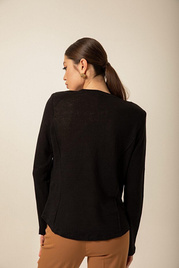 Omuz Düğmeli Örme Siyah Bluz - 4