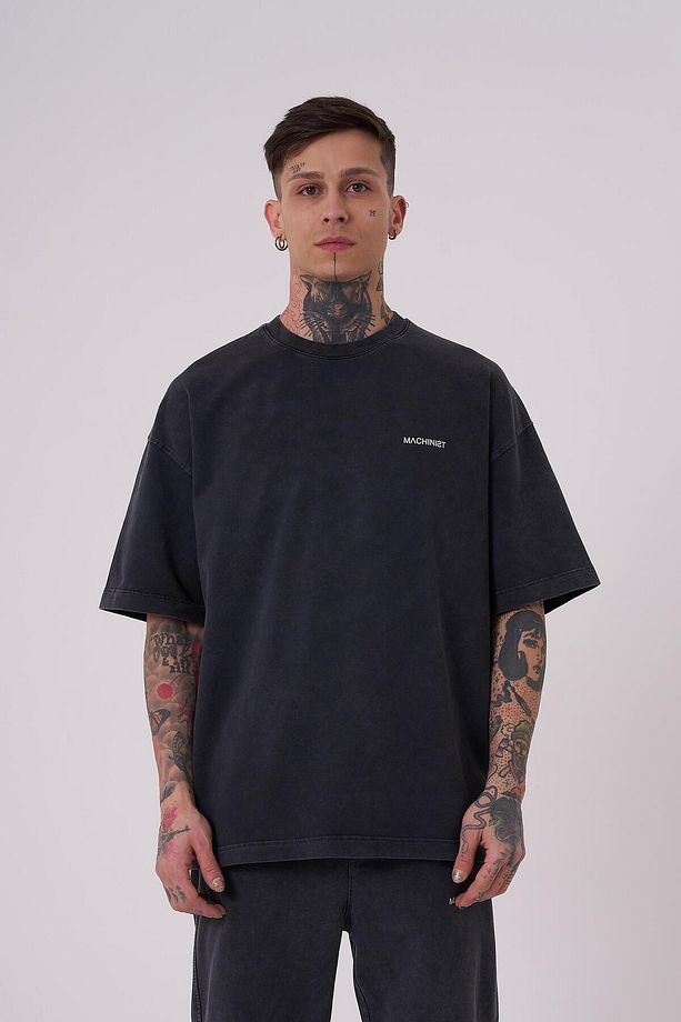 Erkek Luxury Yıkamalı Basic Oversize Asphalt Tişört - 1