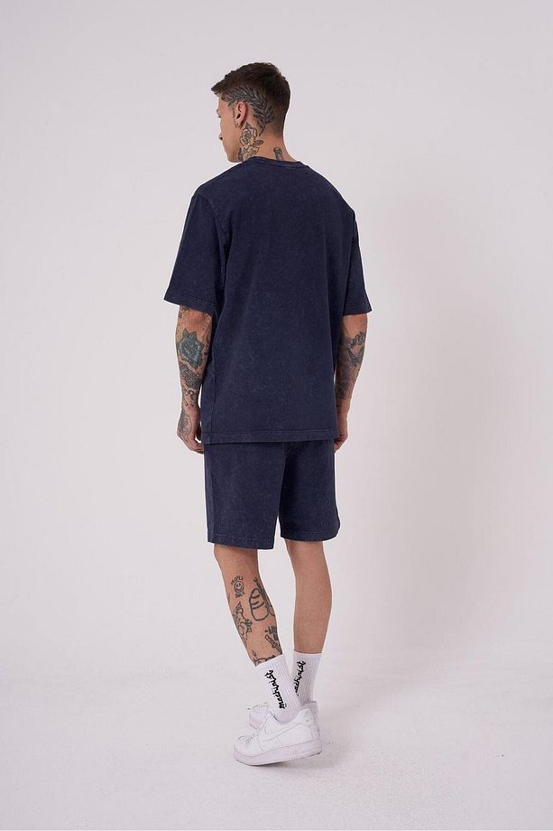 Erkek Luxury Yıkamalı Basic Relaxed Lacivert Cloudy Tişört - 4