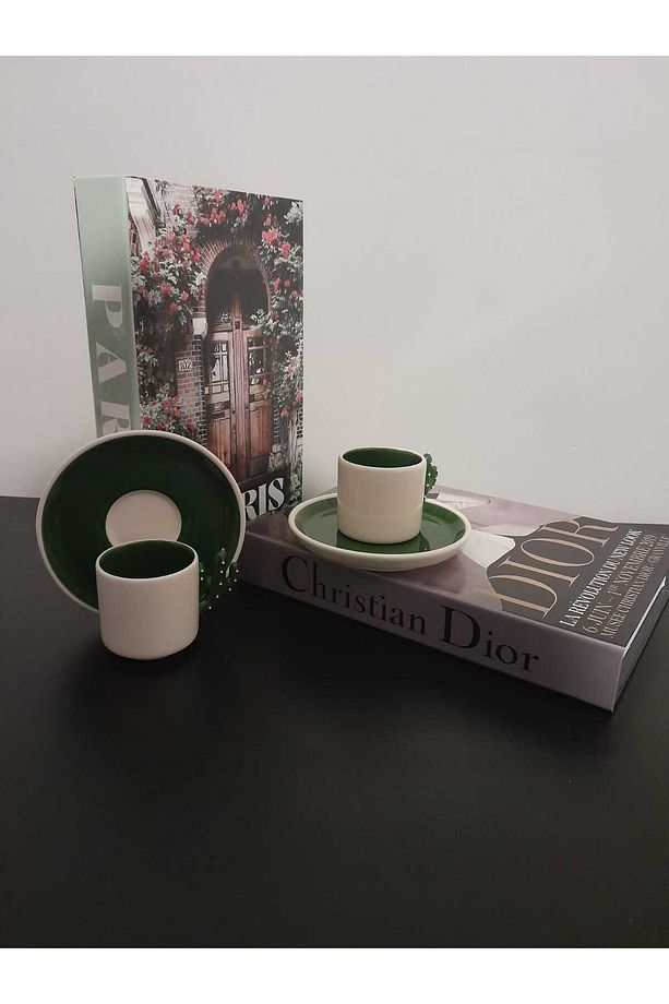 Kaktüs Model Türk Kahvesi Fincanı 2 Adet Yeşil Tabaklı, Espresso, Hediyelik Fincan - 2
