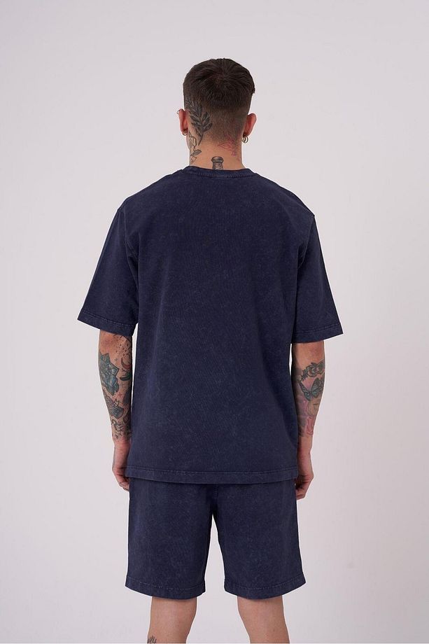 Erkek Luxury Yıkamalı Basic Relaxed Lacivert Cloudy Tişört - 2