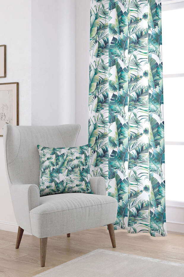 Green White Leaf Patterned Digital Printed Curtain Otyk728-pr
