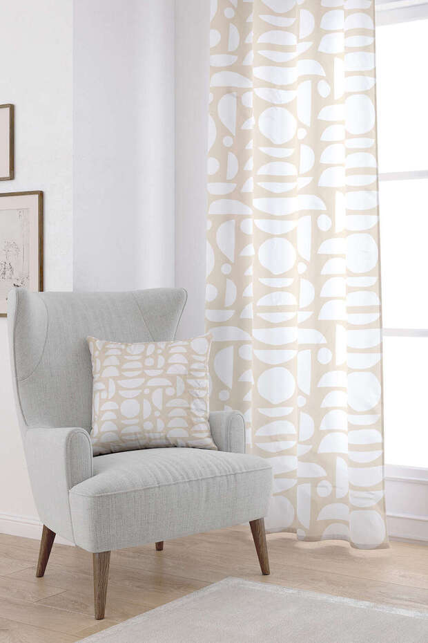 Cream White Bohemian Scandinavian Geometric Patterned Digital Printed Curtain Cgh1212-pr - 1