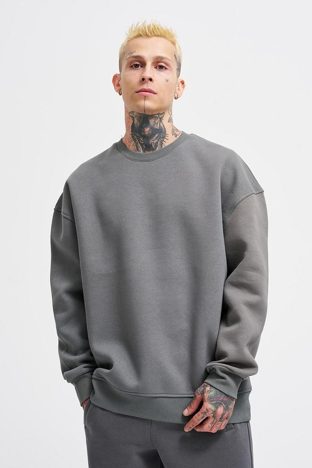 Erkek Basic Bisiklet Yaka Oversize Duman Sweatshirt - 1