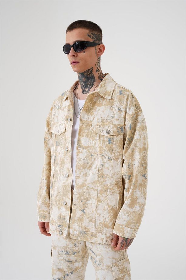 Erkek Desenli Denim Oversize Camel Kot Ceket - 3