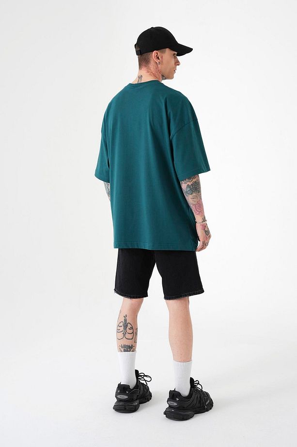 Erkek Solid Basic Pamuklu Oversize Koyu Yeşil Tişört - 4