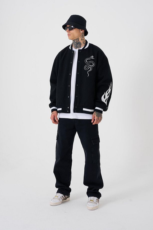 Erkek Snake Oversize Siyah Bomber Ceket - 4