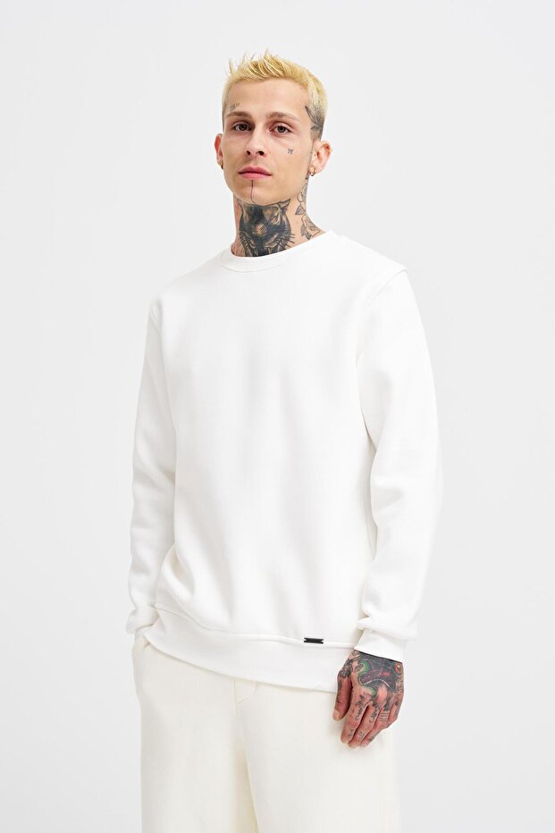 Regular Bisiklet Yaka Basic Sweatshirt EKRU - 2