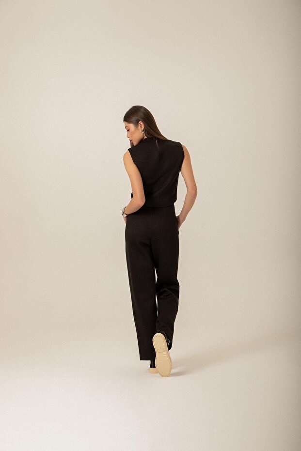 Dik Yaka Örme Siyah Bluz - 5