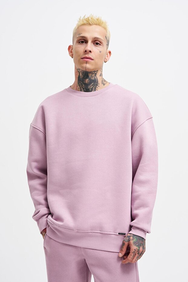 Erkek Basic Bisiklet Yaka Oversize Kirli Pembe Sweatshirt - 1
