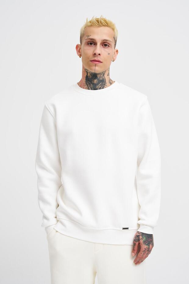 Regular Bisiklet Yaka Basic Sweatshirt EKRU - 1