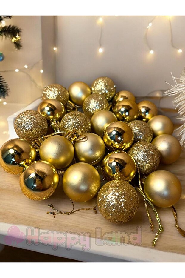 Happyland Yılbaşı Çam Ağacı Süsü 24 Adet 3 cm Gold Renk Yılbaşı Topu Seti Yılbaşı Topları