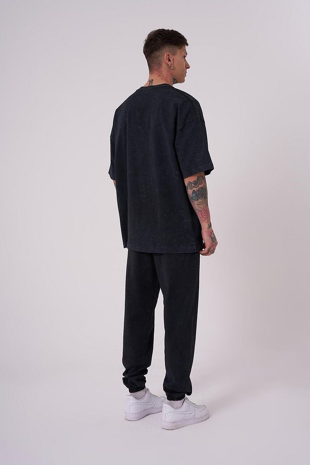 Erkek Luxury Yıkamalı Basic Oversize Asphalt Cloudy Tişört - 4