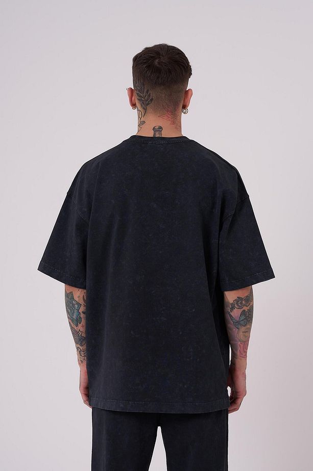 Erkek Luxury Yıkamalı Basic Oversize Asphalt Cloudy Tişört - 2