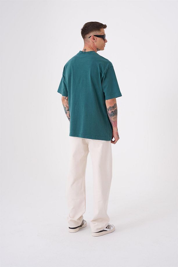 Erkek Basic Yıkamalı Relaxed Koyu Yeşil Tişört - 4