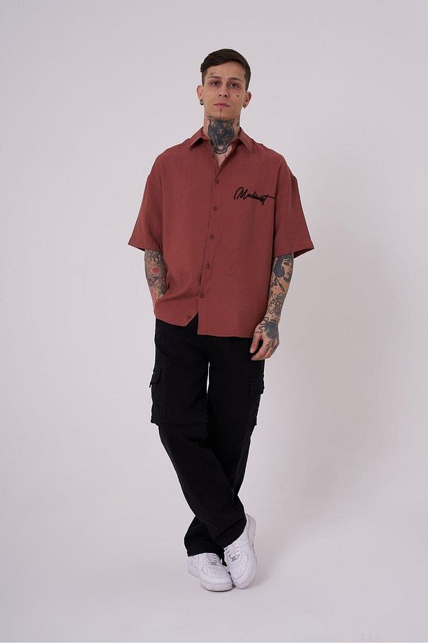 Erkek Nakışlı Basic Oversize Mürdüm Gömlek - 4