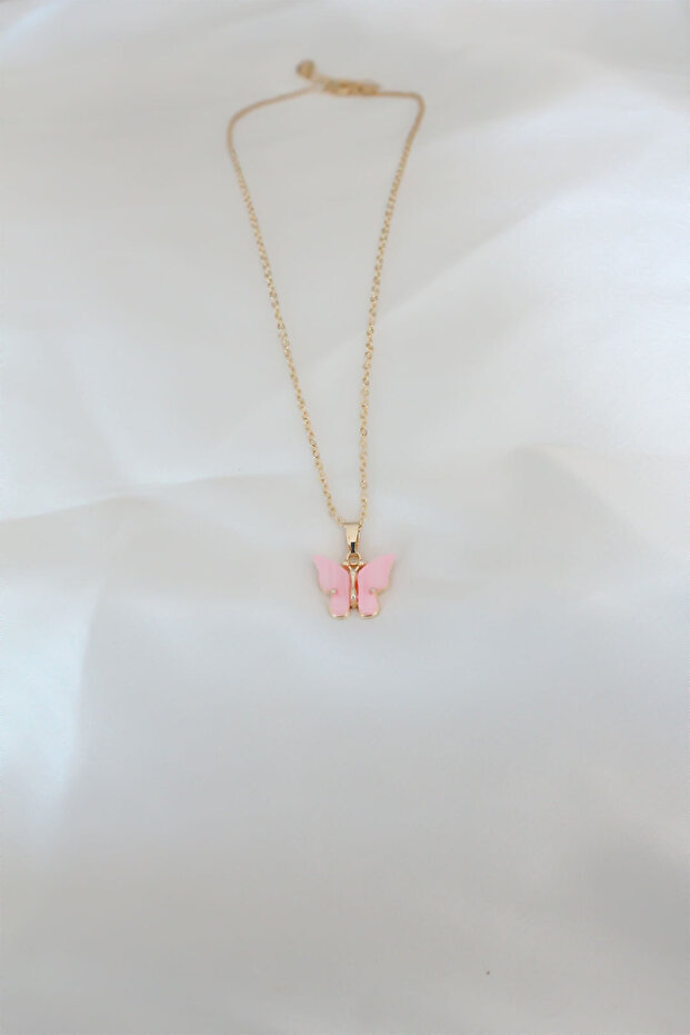 Pink Pearlescent Butterfly Necklace (Gold Color)