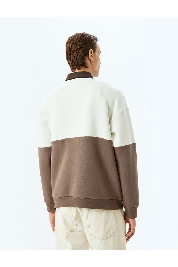 Bisiklet Yaka Pamuk Karışımlı Şardonlu Renk Bloklu Basic Minimal Baskılı Oversize Sweatshirt - 4
