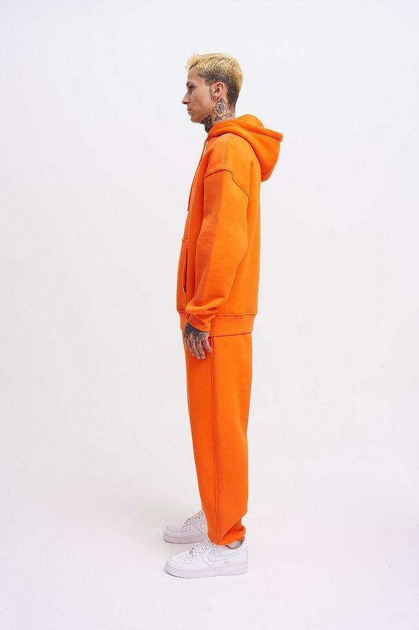 Erkek Basic Kapüşonlu Oversize Turuncu Sweatshirt - 5