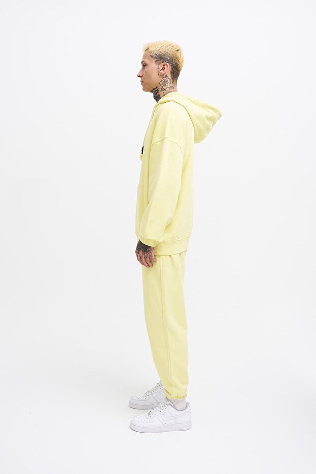 Erkek Basic Kapüşonlu Oversize Yıkamalı Açık Sarı Sweatshirt - 6