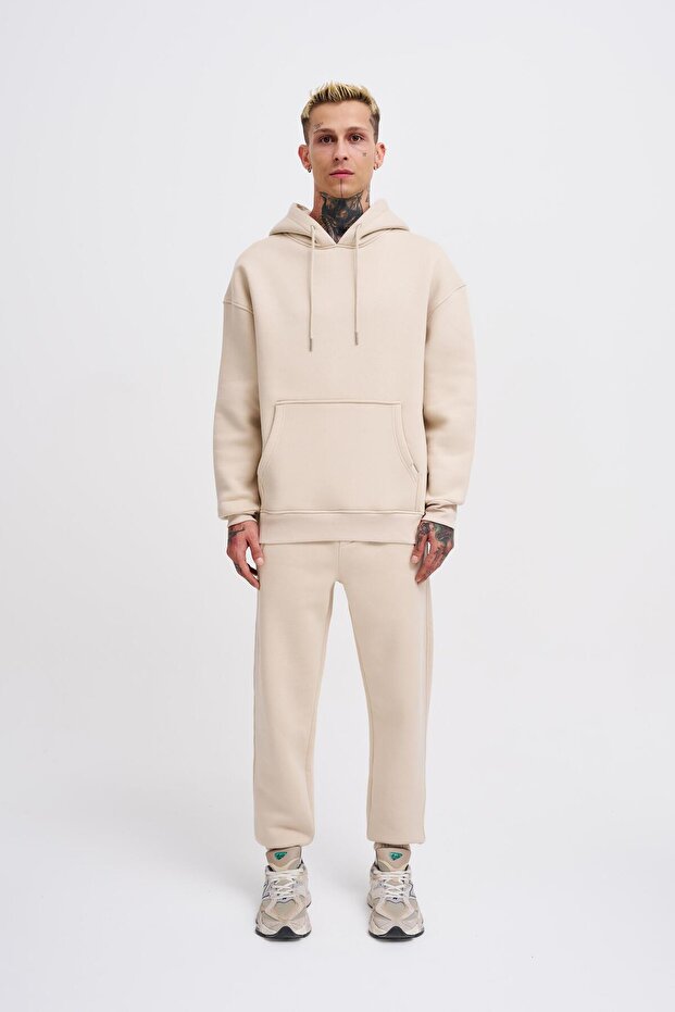Erkek Basic Kapüşonlu Oversize Açık Bej Sweatshirt - 4