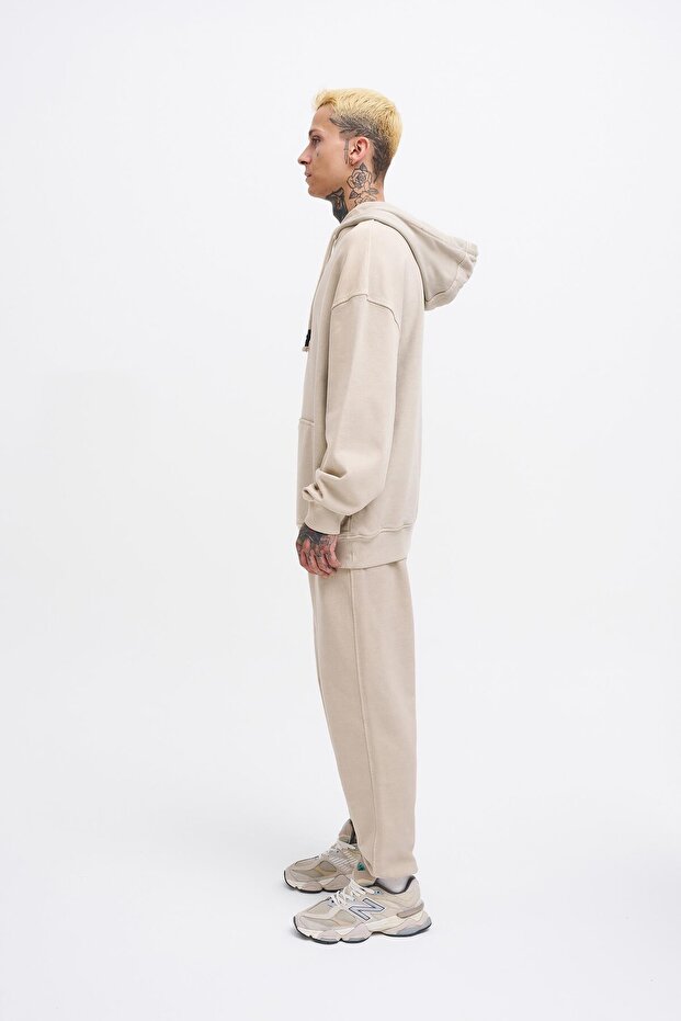 Erkek Basic Solid Kapüşonlu Oversize Yıkamalı Açık Bej Sweatshirt - 7