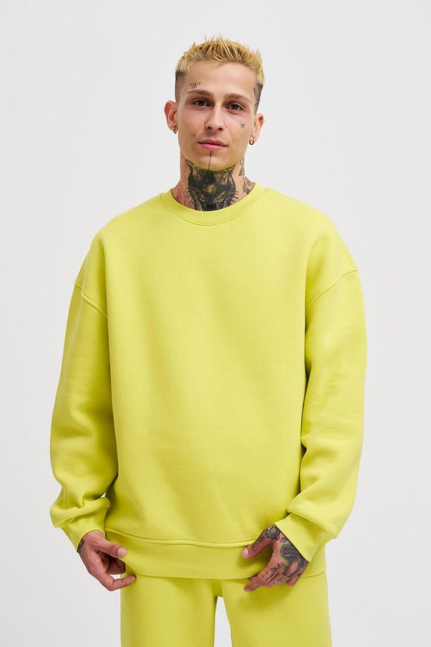Erkek Basic Bisiklet Yaka Oversize Neon Sarı Sweatshirt - 2