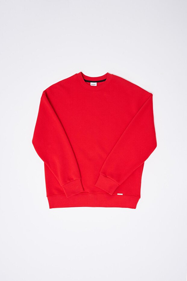 Erkek Basic Bisiklet Yaka Oversize Kırmızı Sweatshirt - 8