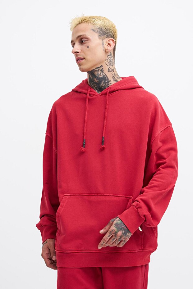 Erkek Basic Solid Kapüşonlu Oversize Yıkamalı Kırmızı Sweatshirt - 3