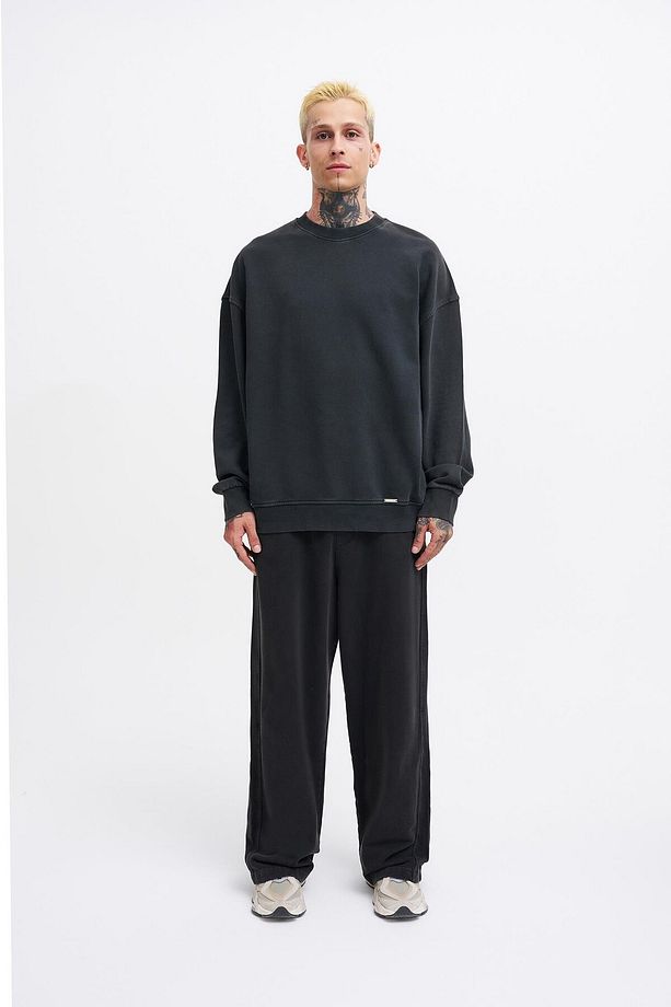 Erkek Yıkamalı Oversize Siyah Sweatshirt - 5