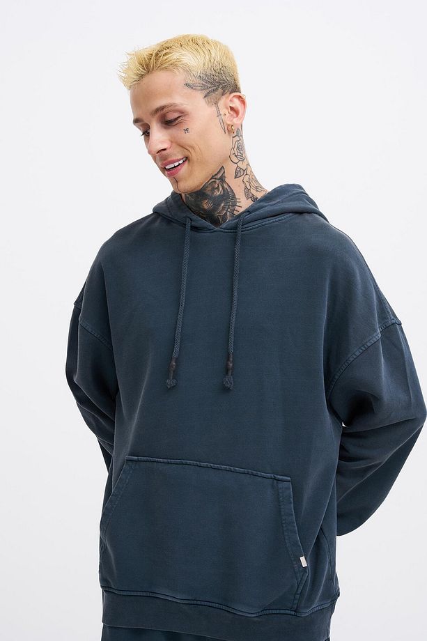 Erkek Basic Solid Kapüşonlu Oversize Yıkamalı Antrasit Sweatshirt - 3