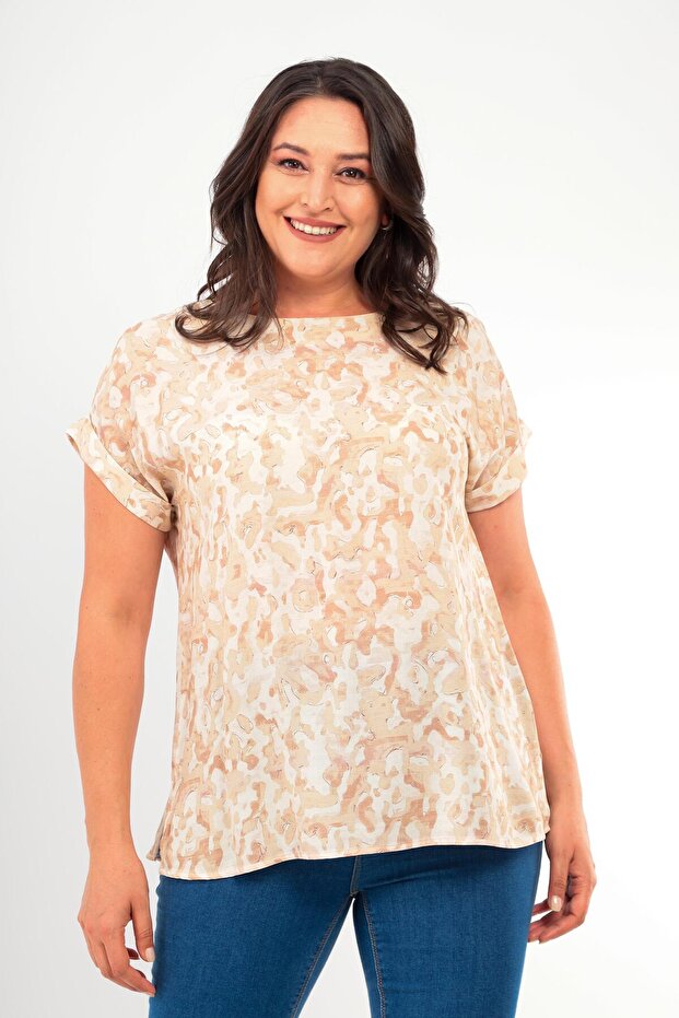 Plus Size Patterned Low Sleeve Basic Mink Blouse - 1