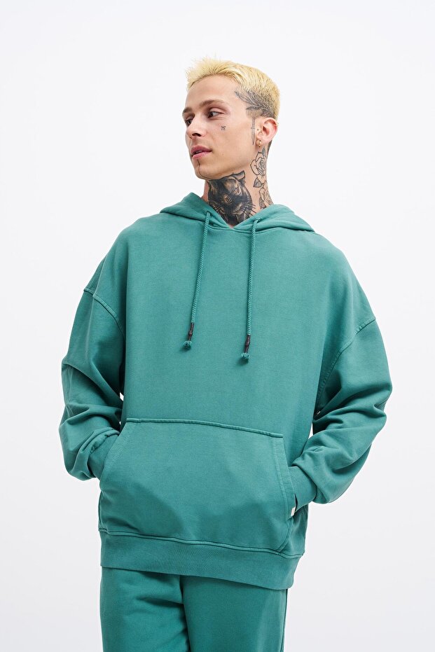Erkek Basic Solid Kapüşonlu Oversize Yıkamalı Yeşil Sweatshirt - 2