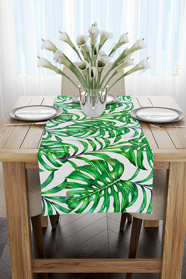 Green Tropical Leaf Patterned Digital Printed Runner - Otyk491-rn