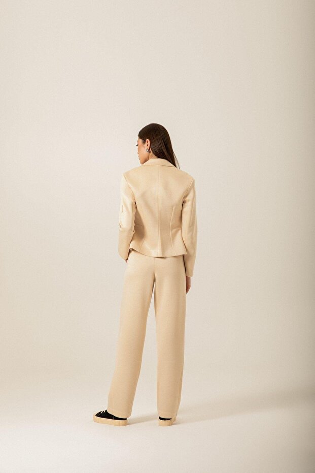 Düğme Detaylı Örme Ekru Ceket - 5