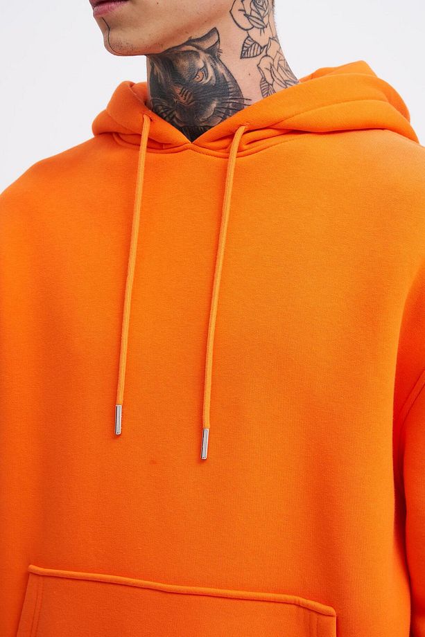 Erkek Basic Kapüşonlu Oversize Turuncu Sweatshirt - 3