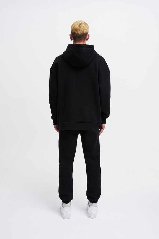Erkek Basic Kapüşonlu Oversize Siyah Sweatshirt - 6