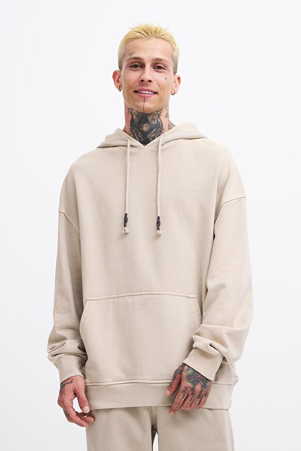 Erkek Basic Solid Kapüşonlu Oversize Yıkamalı Açık Bej Sweatshirt - 3