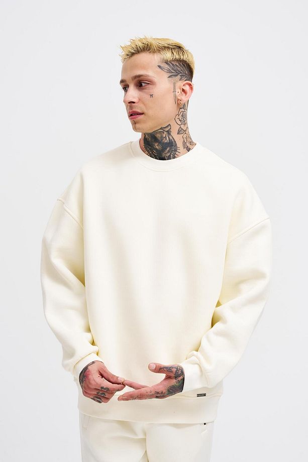 Erkek Basic Bisiklet Yaka Oversize Ekru Sweatshirt - 1