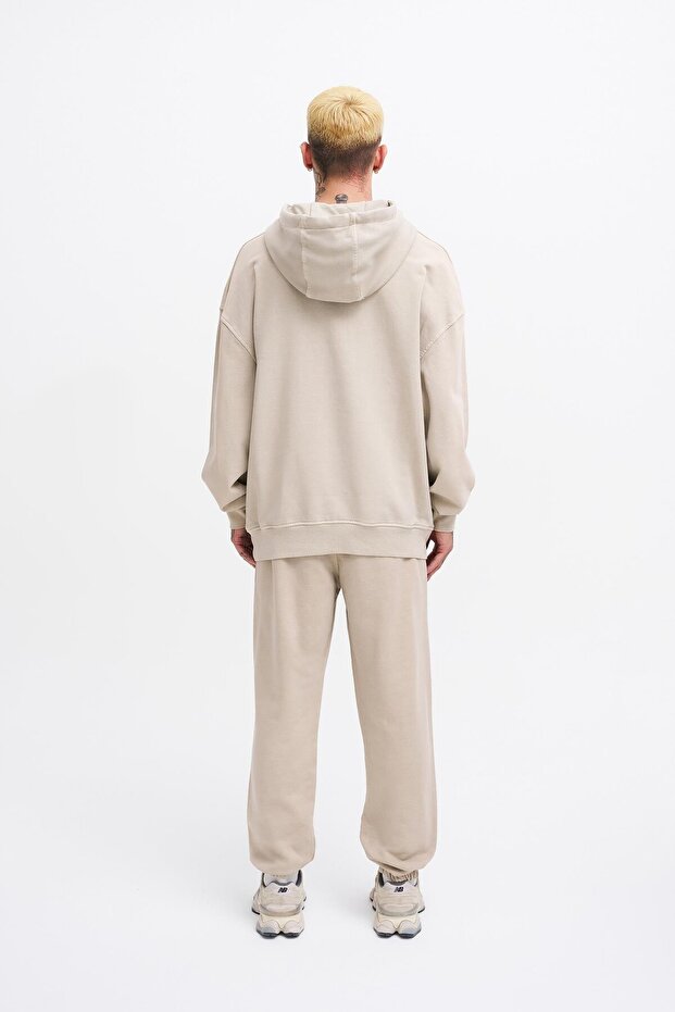 Erkek Basic Solid Kapüşonlu Oversize Yıkamalı Açık Bej Sweatshirt - 8