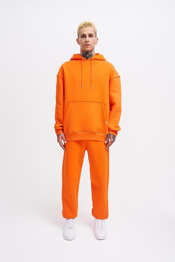 Erkek Basic Kapüşonlu Oversize Turuncu Sweatshirt - 4