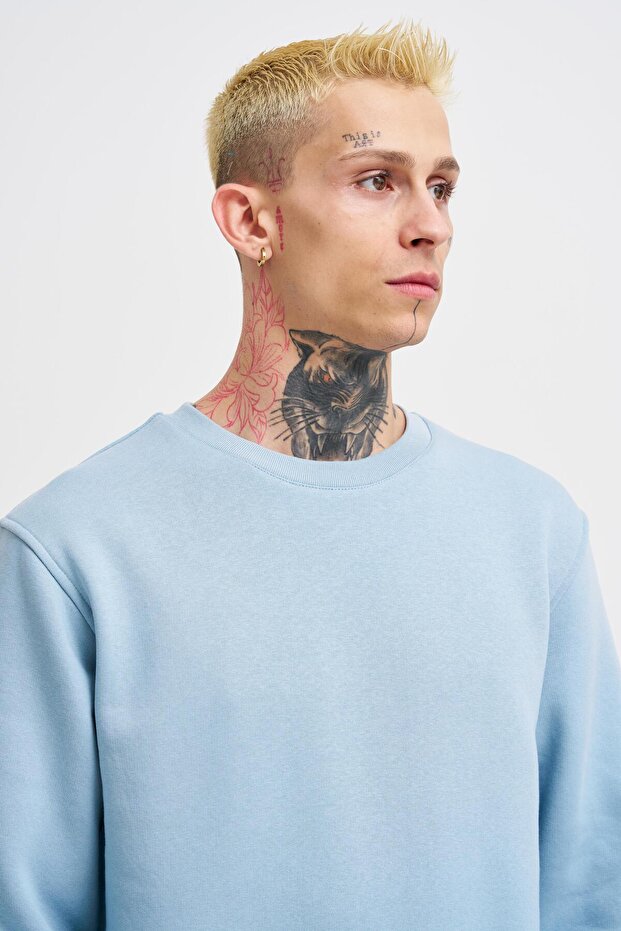 Men's Crew Neck Basic Regular Aqua Sweatshirt - 2