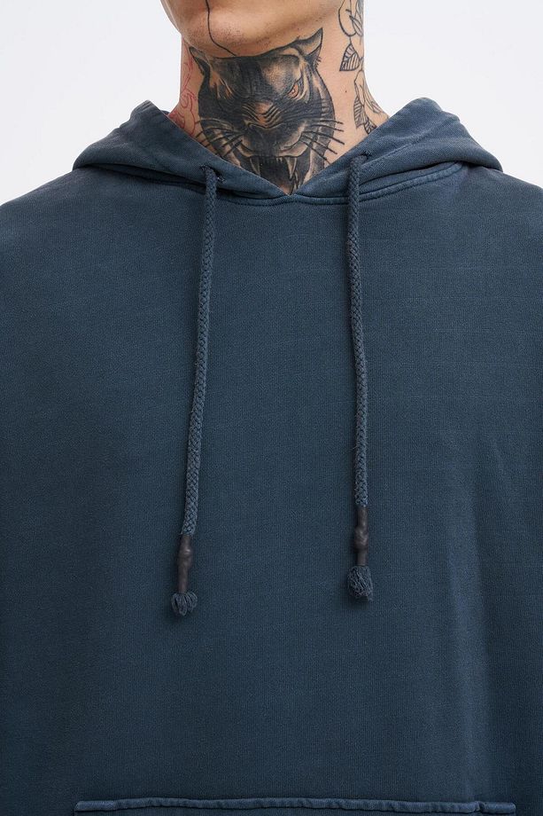 Erkek Basic Solid Kapüşonlu Oversize Yıkamalı Antrasit Sweatshirt - 4