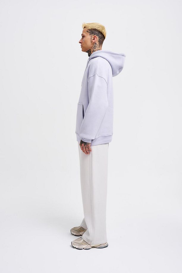 Erkek Basic Kapüşonlu Oversize Lila Sweatshirt - 6