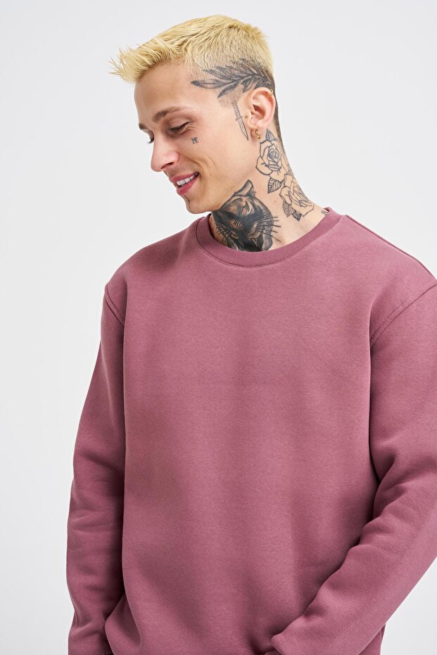 Erkek Bisiklet Yaka Basic Regular Mürdüm Sweatshirt - 2