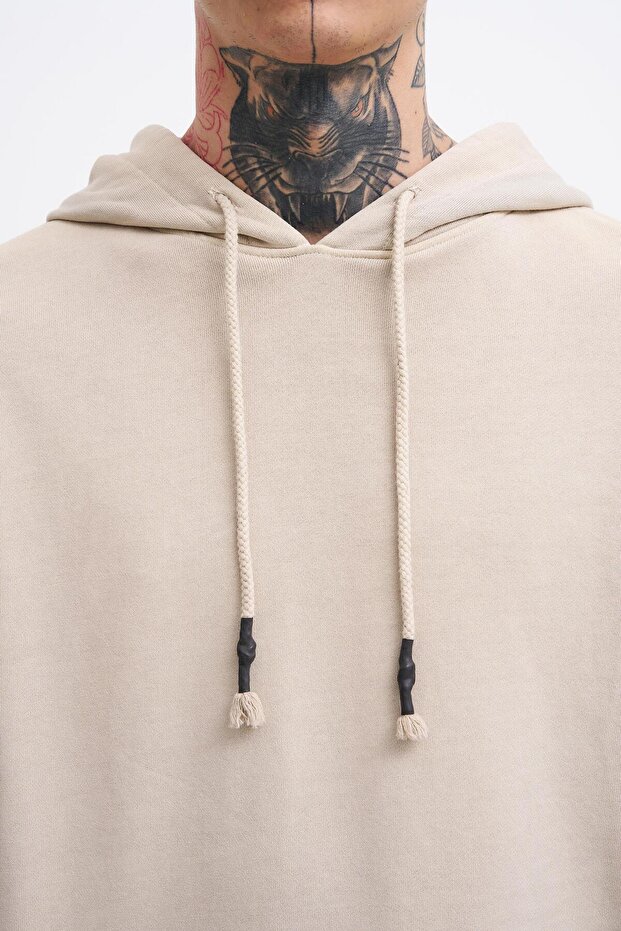 Erkek Basic Solid Kapüşonlu Oversize Yıkamalı Açık Bej Sweatshirt - 4