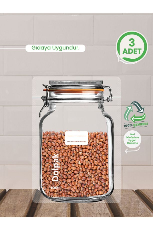 Çevreci, Geri Dönüştürülebilir Malzeme Kavanoz Görünümlü, Kilitli,gıda Saklama Poşeti-3 Adet-1000 ml - 1
