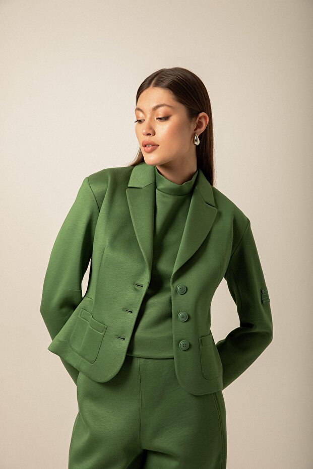 Düğme Detaylı Örme Yeşil Ceket - 1